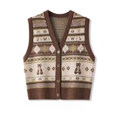 批发复古撞色提花针织开衫马甲女秋<b class='q'>冬</b>季V领叠穿坎肩短款毛衣背心外搭