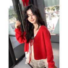 批发圣诞节穿搭新年红色V领系带毛衣外套<b class='q'>女</b>秋冬季慵懒风减龄针织开衫