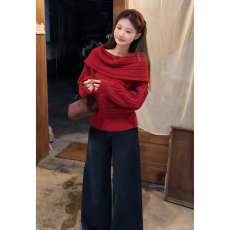 批发本命年穿搭新年红色一字肩套头麻花毛衣女秋冬宽松露肩针织衫上衣