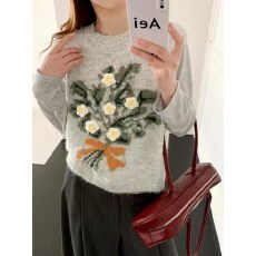 批发韩系温柔刺绣花朵毛衣马甲女套头宽松秋冬叠穿厚款针织衫背心上衣