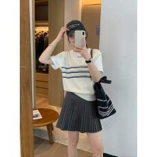 批发条纹短袖圆领假两件<b class='q'>针织衫</b>女2026春季新款设计感上衣