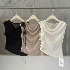 批发<b class='q'>花朵</b>荡领<b class='q'>T</b><b class='q'>恤</b>法式薄针织衫背心无袖V领显瘦独特飘带超好看短款上衣