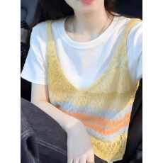 批发2026春季学院风多巴胺彩色<b class='q'>条纹</b>针织背心女夏圆领叠穿百搭短袖套装