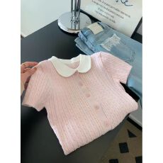 批发2026新款独特漂亮初春上衣小个子气质温柔短袖polo领粉色针织开衫