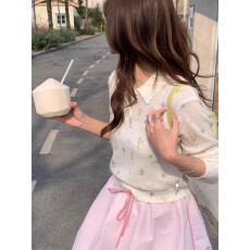批发桃吱吱韩系新款碎花呼吸感穿搭少女甜美针织衫浅春色百搭显瘦上衣