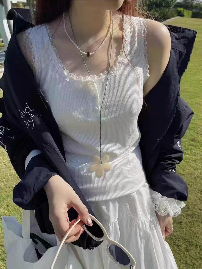 한국 스타일 다용도 라운드 넥 레이스 레이스 민소매 조끼 여성 새로운 루즈핏 슬림해 보이는 기본 셔츠 맨위 여성 트렌디