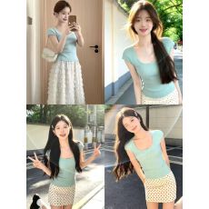 薄荷绿针织短袖T恤女26新款初夏独特绝美套装上衣裙子韩系穿搭