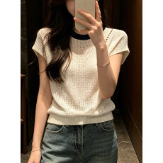 设计感薄款冰丝短袖针织衫女款2026新款夏季独特漂亮收腰短款上衣