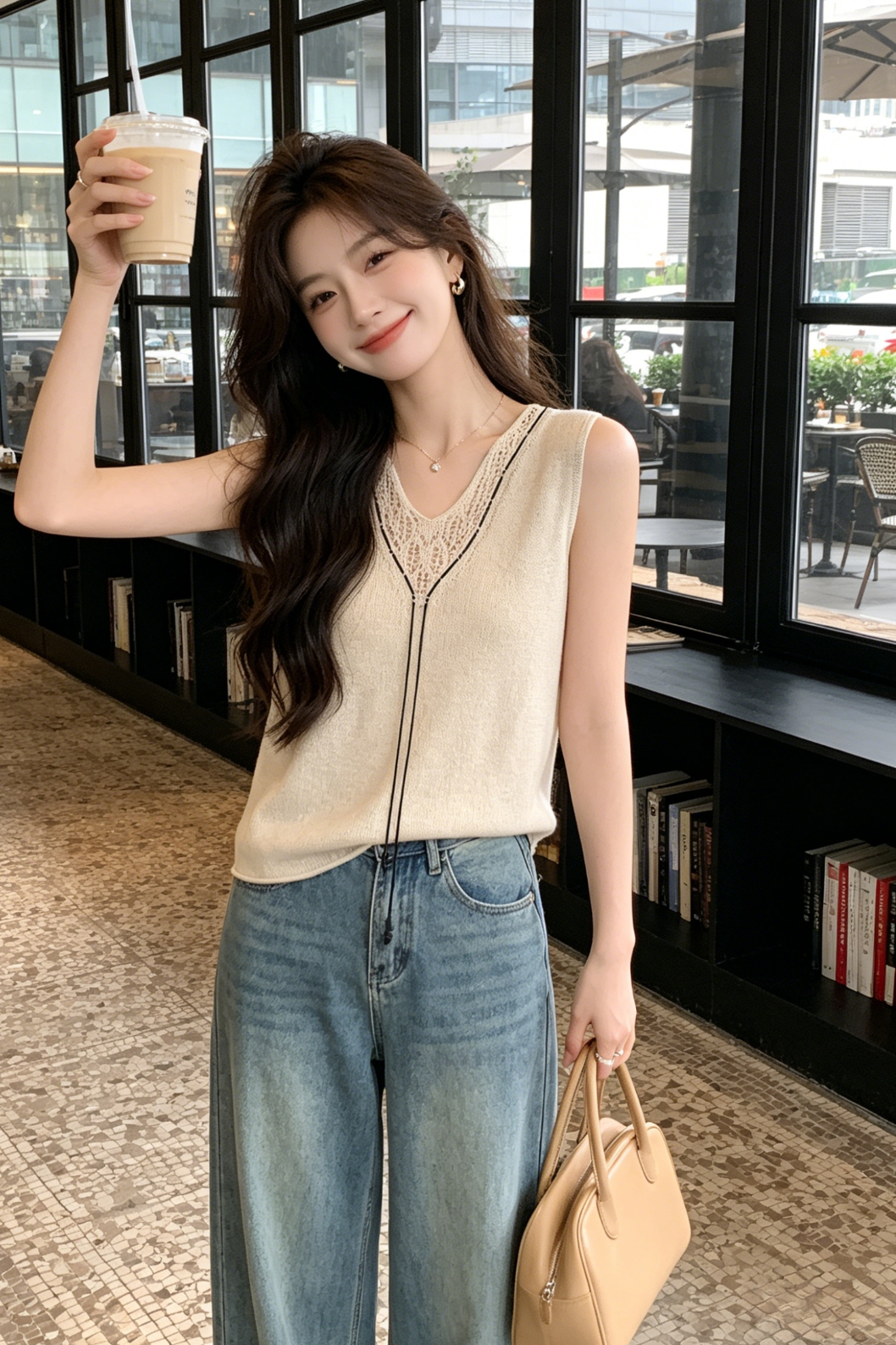 익스트림 제인 바람 V넥 술 조끼 여성 홀로우 아웃 세부 사항 디자인 다용도 슬림해 보이는 민소매 인사이드 잡아라. 의류 출퇴근 다용도