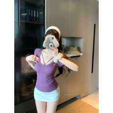 批发纯欲风紫色u领短袖针织衫女夏季弹力修身<b class='q'>打底衫</b>收腰短款正肩上衣