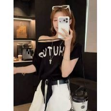 批发慵懒风字母印花斜肩t恤女2026夏季<b class='q'>薄款</b>绑带收腰松弛感小众上衣潮