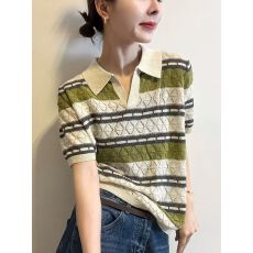 批发韩系学院风POLO领撞色条纹<b class='q'>针织衫</b>女短袖<b class='q'>薄款</b>百搭休闲减龄套头上衣
