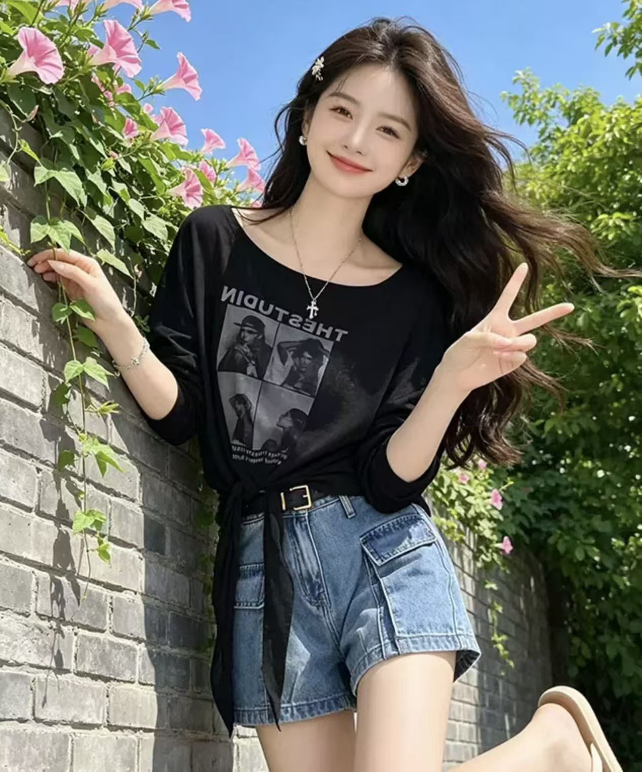 잡지 바람 레트로 초상화 프린트 스트랩 긴팔 자외선 차단 블라우스 여성 2026 여름 새로운 한국 스타일 얇은 스타일 티셔츠