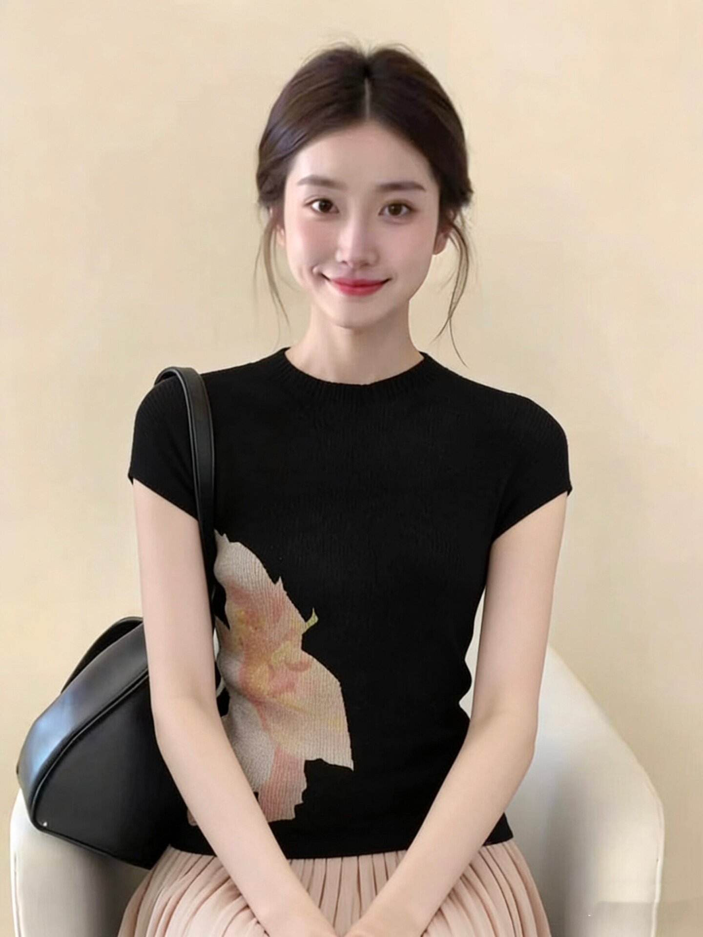 검정색 꽃무늬 우아함 다용도 캐주얼 반팔 티셔츠 여성 2026 여름 새로운 중식 아름다운 아름다운 고유 한 맨위