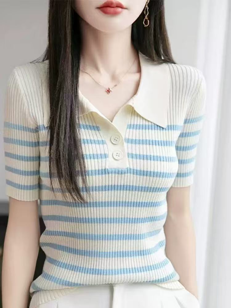 POLO 칼라 여름 레트로 스트라이프 반팔 동정 맨위 캐주얼 다용도 슬림해 보이는 니트 스웨터 폴로 칼라 반소매 티셔츠