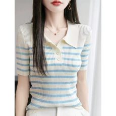 批发polo领夏季复古条纹短袖体恤上衣休闲百搭显瘦针织衫翻领半袖t恤