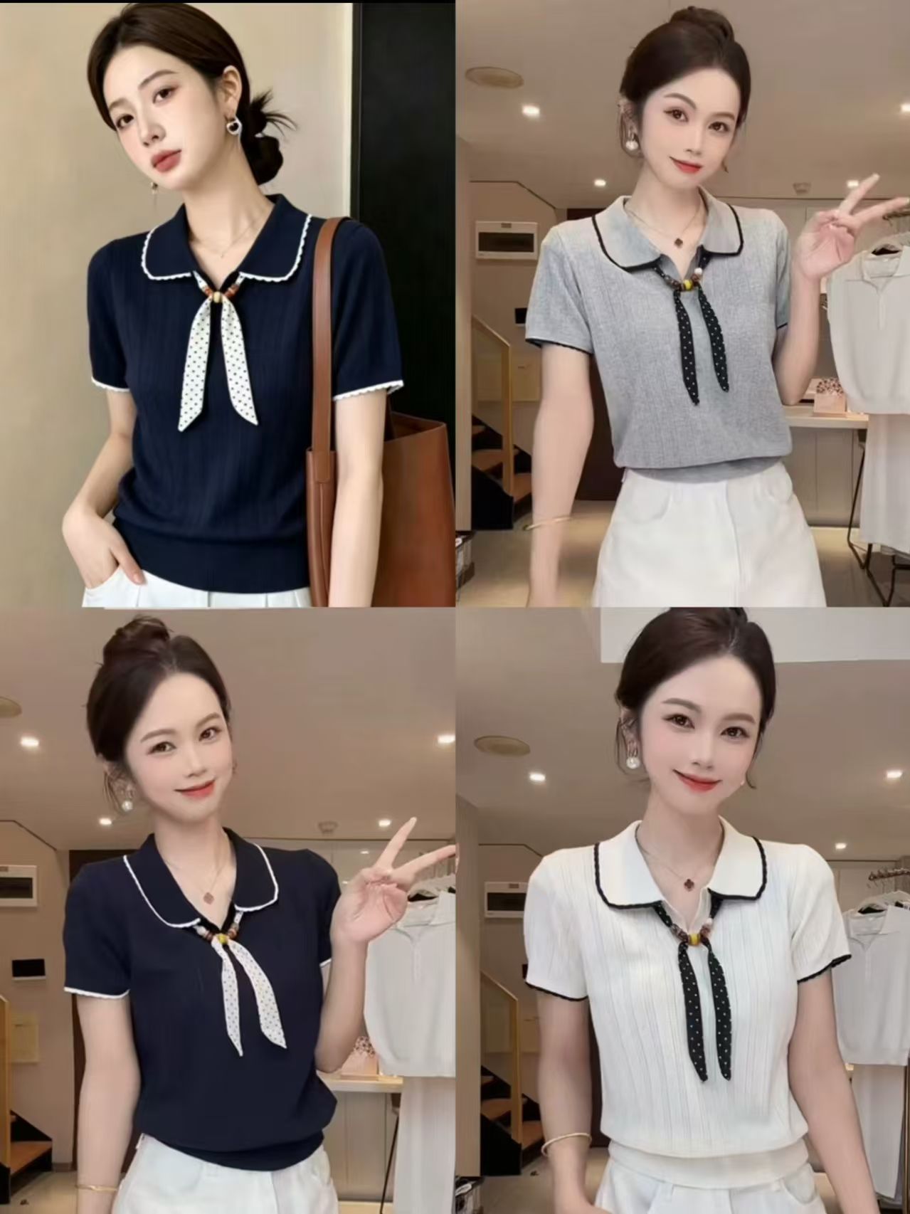 부드러운 바람 파란색 폴로 칼라 경기 스카프 반팔 니트 스웨터 여름 얇은 스타일 고유 한 아름다운 슬림해 보이는 POLO 셔츠 맨위