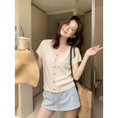 批发韩式米杏色花边冰丝针织短袖T恤女夏季薄款小众设计感显瘦小上衣