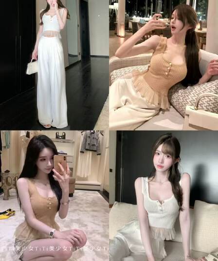 2026 아름다운 소녀 니트 망사 패치워크 캐미솔 여름 프랑스식 프릴 고급 센스 살구 색상 맨위