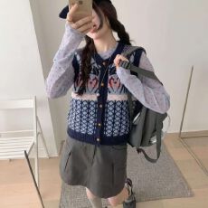 批发复古撞色提花v领毛衣马甲开衫女宽松<b class='q'>春</b>秋冬叠穿坎肩背心上衣外搭
