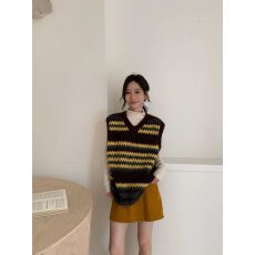 批发费尔岛条纹针织衫马甲女<b class='q'>秋</b>宽松慵懒风休闲百搭V领套头高级感上衣