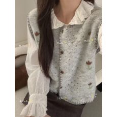 批发十三行<b class='q'>秋</b>季田园风花朵刺绣圆领针织马甲女开衫式叠穿坎肩背心马夹