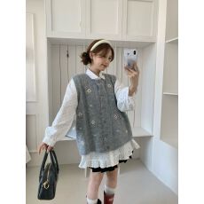 批发韩系慵懒风花朵针织马甲背心女秋冬衬衫叠穿无袖坎肩外搭毛衣开衫