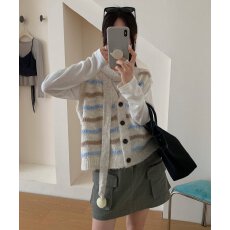 批发韩国chic秋季新款可爱围脖条纹马甲开衫女洋气减龄叠穿针织衫上衣