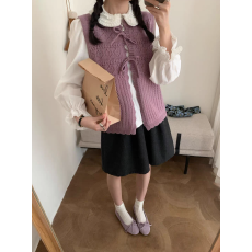 批发设计感花边圆领系带开衫针织马甲女秋季宽松叠穿毛衣背心坎肩上衣