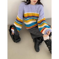 批发韩系圆领<b class='q'>条纹</b>撞色针织衫女秋冬套头宽松百搭慵懒风保暖毛衣女装