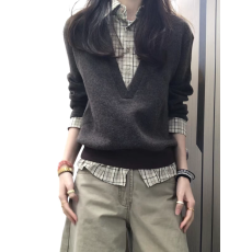 批发格纹领拼接假两件针织上衣女初秋超好看<b class='q'>宽松</b>休闲慵懒打底内搭毛衣