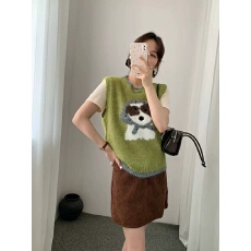 批发童趣小狗提花针织<b class='q'>马甲</b>女 圆领撞色罗纹下摆肌理 秋冬叠穿无袖背心