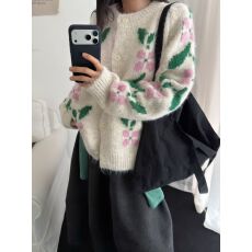 批发复古花朵撞色毛衣外套女2026秋冬季新款<b class='q'>甜美</b>温柔减龄针织开衫