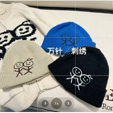 批发火柴人刺绣针织帽女秋冬保暖毛线帽子韩版百搭休闲帽显脸小