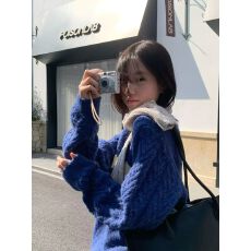 批发韩系慵懒风显白宝蓝色麻花套头<b class='q'>毛衣</b>女2026秋冬新款爱心提花针织衫
