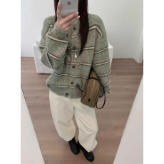 批发韩版<b class='q'>圆领</b>条纹杂色<b class='q'>针织</b><b class='q'>开衫</b>女秋装新款2026短款显瘦单排扣毛衣外套