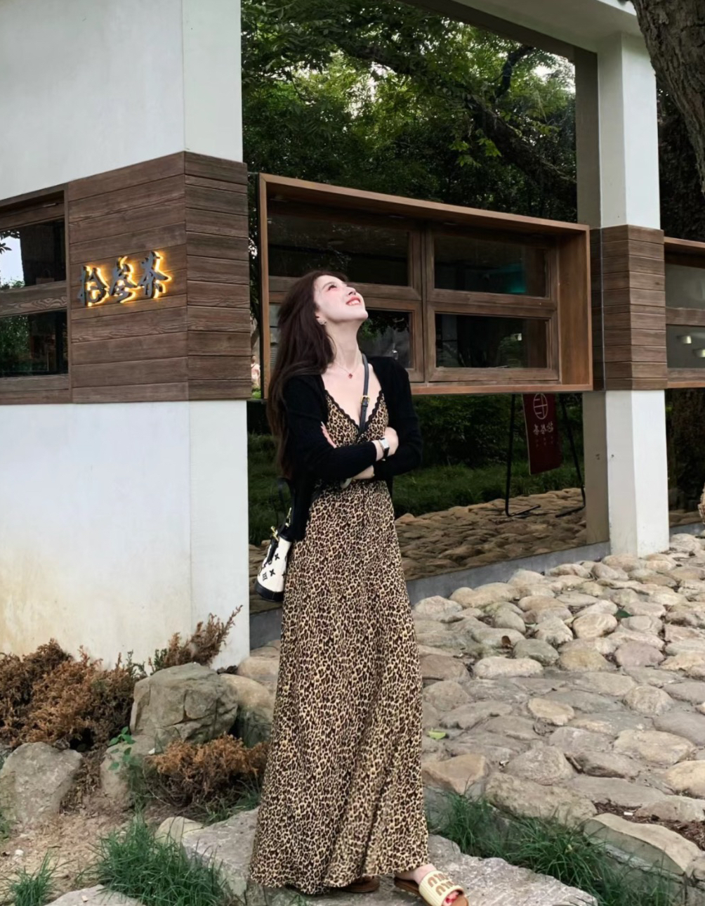 실사 정가 레트로 V넥 레오파드 무늬 드레스 구덩이 기사 카디건 코트