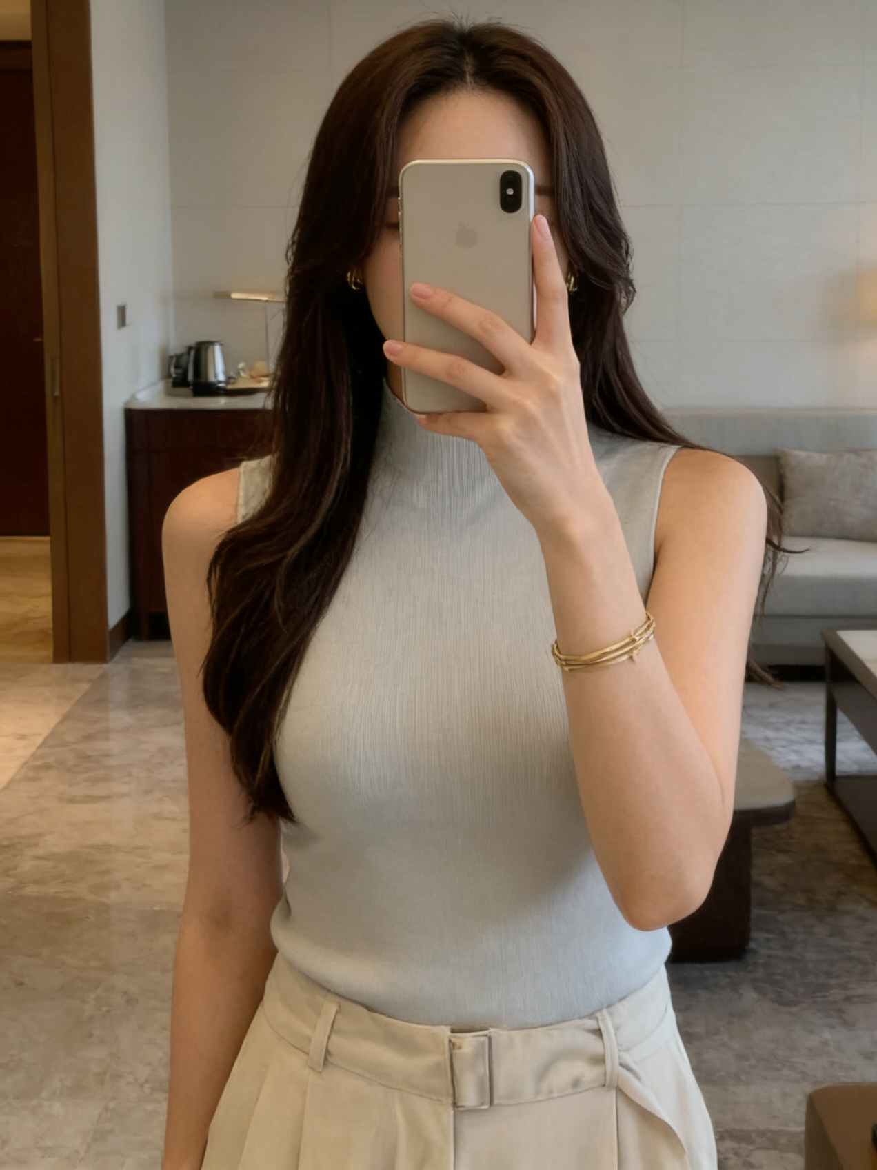 실사 한국 여름 프랑스식 미니멀리즘 바람 터틀넥 몸매 가꾸기 슬림해 보이는 단색 다용도 부드러운 찹쌀 민소매 니트 조끼 여성