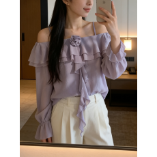 批发法式小众设计感上衣2026年春季新款爆款长袖一字肩喇叭袖衬衫女装