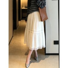 批发韩系春夏白色松紧腰<b class='q'>高腰</b>A字半身裙女蕾丝花边显瘦大摆蓬蓬中长裙
