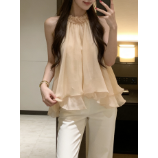 批发法式温柔减龄荷叶边<b class='q'>无袖</b>挂脖雪纺小衫女夏季独特别致漂亮露肩上衣