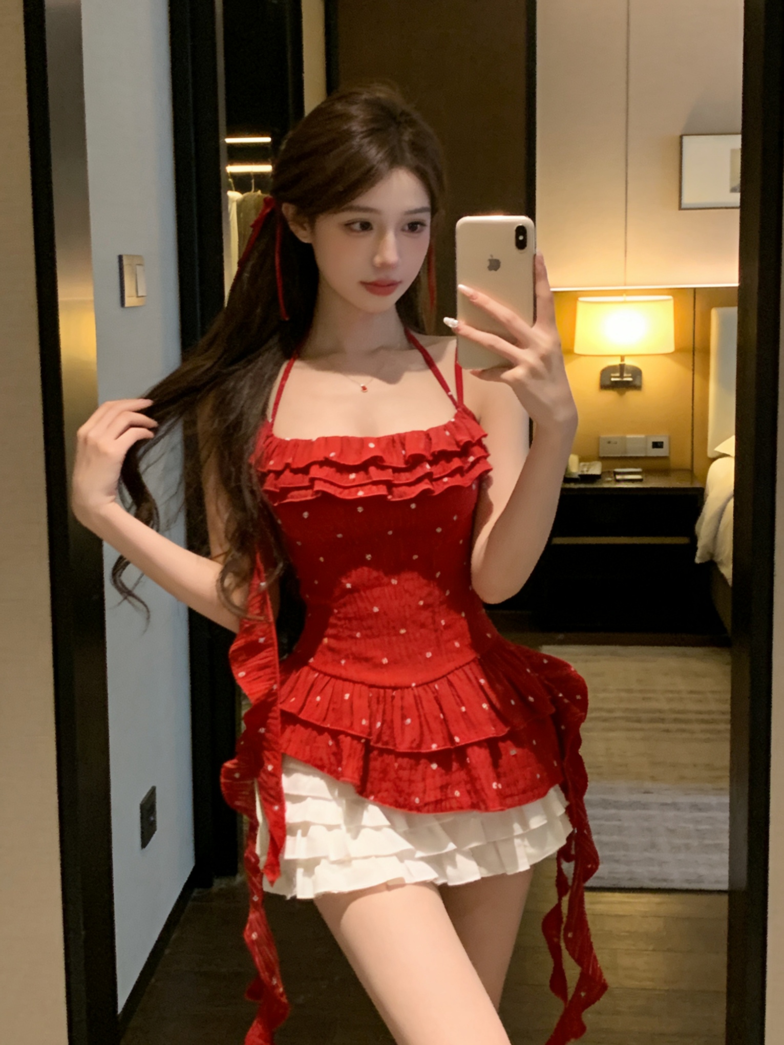 실사 프랑스식 레트로 빨간색 슬립 허리 수축 맨위 여성 여름 작은 키 순수한 욕망 바람이 아닙니다. 규칙 리본 맨위