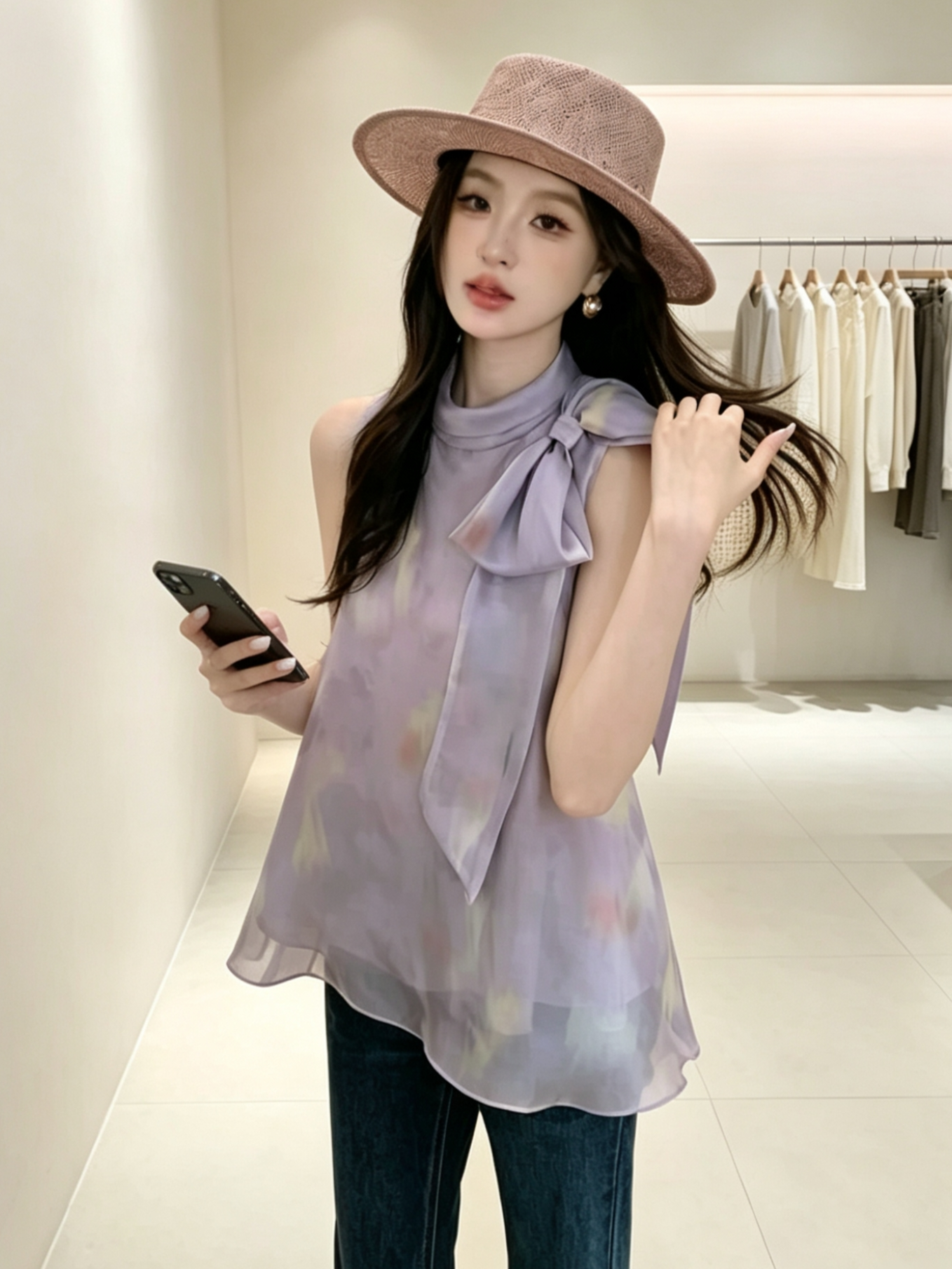 se gentle sun 보여주기 희 희 2026 새로운 프랑스식 레이스 레이스업 민소매 작은 셔츠 여성 꽃무늬 쉬폰 블라우스
