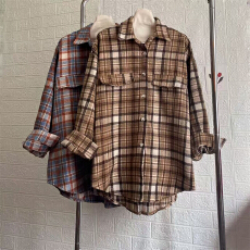 批发磨毛<b class='q'>格子衬衫</b>女春秋欧货复古英伦风休闲百搭宽松叠穿加厚衬衣外套