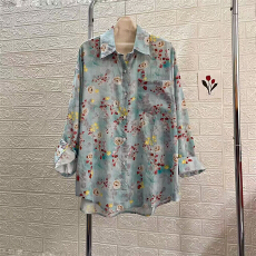 批发实拍新款时尚洋气休闲棉麻碎花翻领衬衫洋气百搭<b class='q'>中长款</b>衬衣<b class='q'>打底衫</b>