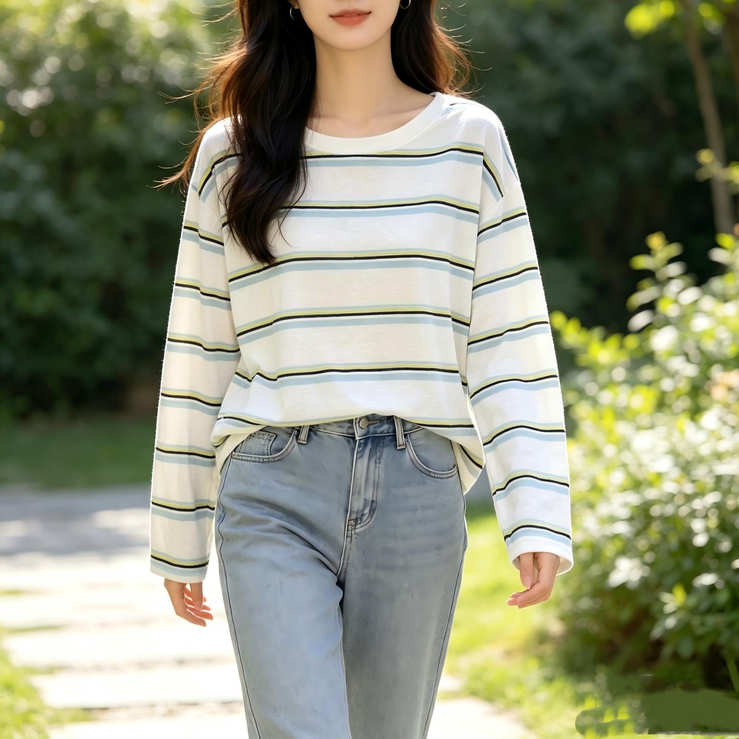 실사 한 부서 느긋한 바람 스트라이프 긴팔 티셔츠 여성 여름 루즈핏 라운드 넥 라이 경기 서울 주간 실크 자외선 차단 블라우스 의류
