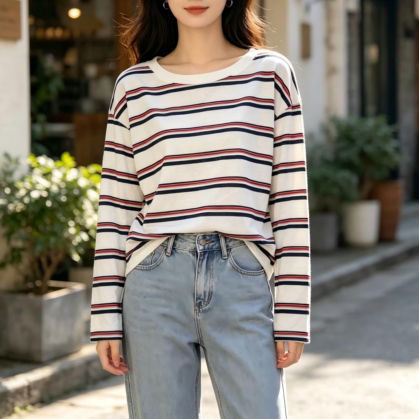 실사 한 부서 느긋한 바람 스트라이프 긴팔 티셔츠 여성 여름 루즈핏 라운드 넥 라이 경기 서울 주간 실크 자외선 차단 블라우스 의류