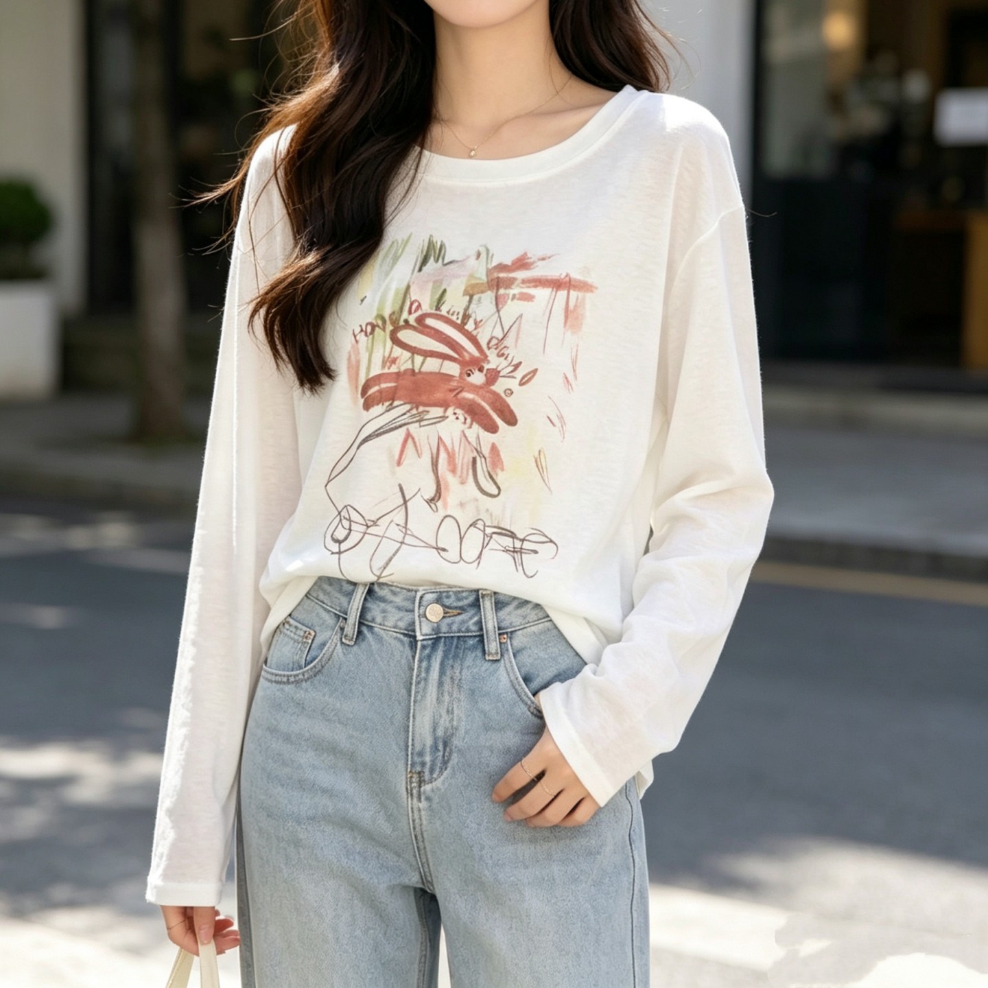 실사 있음 선적 디자인 센스 토끼 낙서 루즈핏 게으른 부주의 한 바람 패션 프린트 자외선 차단 티셔츠 여름 새로운