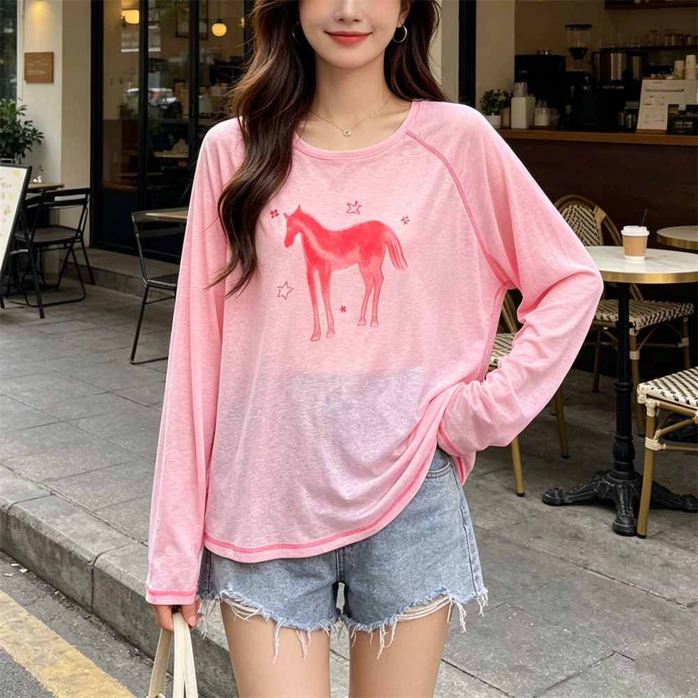 실사 있음 선적 얇고 가벼운 통기성 운동 자외선 차단 블라우스 2026 새로운 여름 느긋한 바람 마이크로 ~을 통해 긴팔 티셔츠 여성