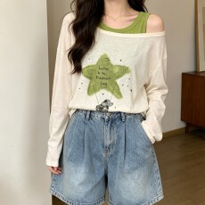 批发实拍 慵懒风星星印花防晒罩衫女夏超火减龄上衣绿色吊带背心套装